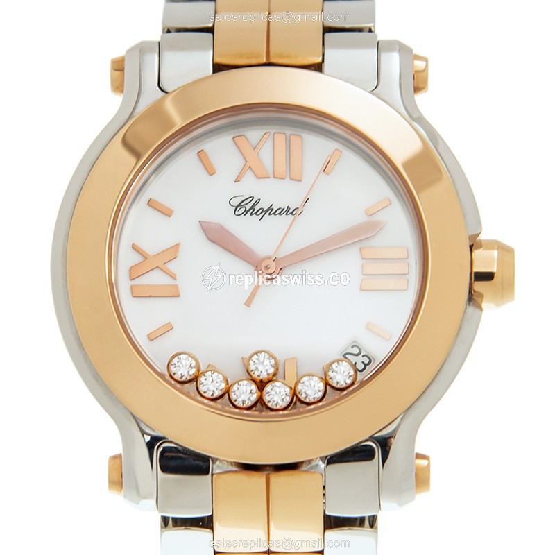 Chopard Happy Sport Replica in 18kt Steel & Rose Gold, White Dial & Silver Strap Watch