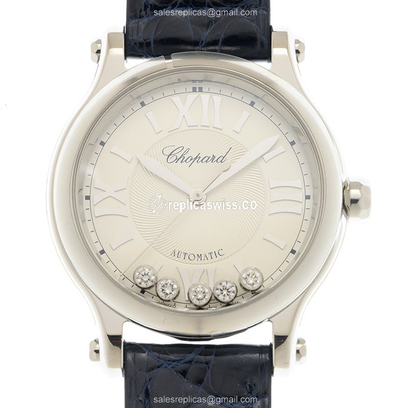 Chopard Happy Sport Replica Watch | Automatic Movement | Silver Dial & Blue Alligator Strap