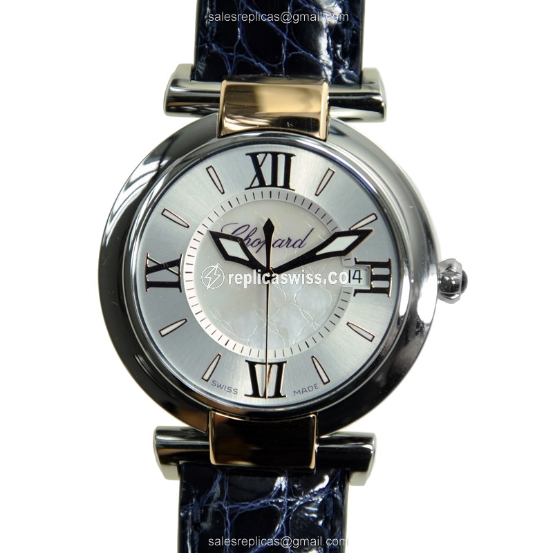 Chopard IMPERIALE Replica in 18kt Rose Gold & Steel, Silver Dial & Blue Alligator Strap Watch