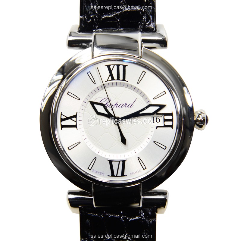 Chopard Impériale Quartz replica watch, elegant steel case, silver dial | Black alligator strap
