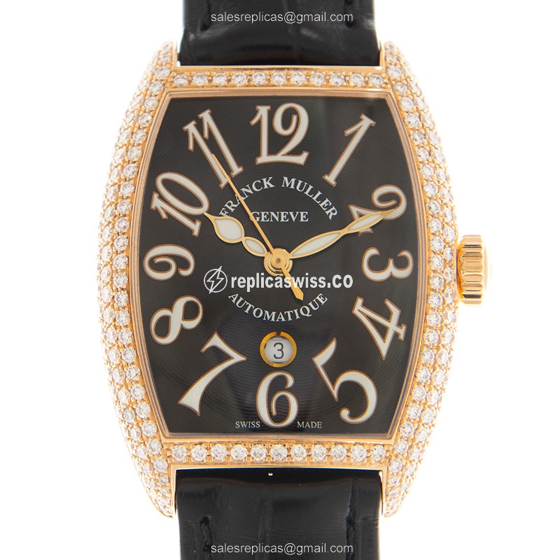 Classic Franck Muller 7500 SC Curvex Automatic Replica in 18kt Rose Gold, Diamond Accents, Black