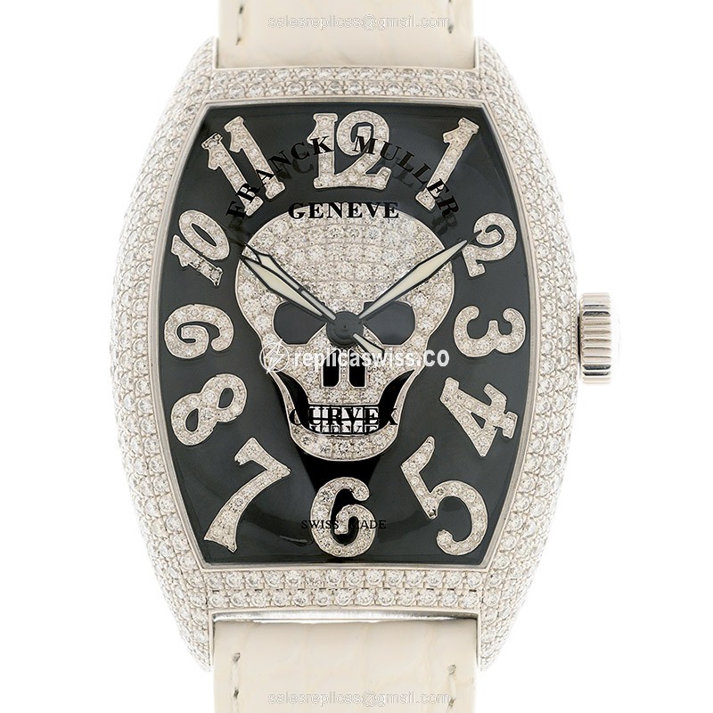 Classic Gothic Elegance: Franck Muller 8880 SC Automatic Watch with Black Dial & White Leather Strap