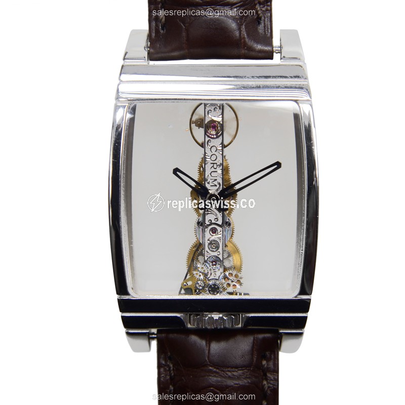 Corum Bridge 113.550.59-0001 Replica in 18kt Gold, Manual Wind, Silver Dial & Brown Leather Strap