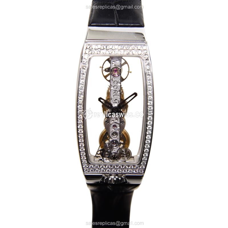Corum Bridge Manual Wind Replica in 18kt White Gold & Diamond, Crystal Dial, Alligator Strap Watch