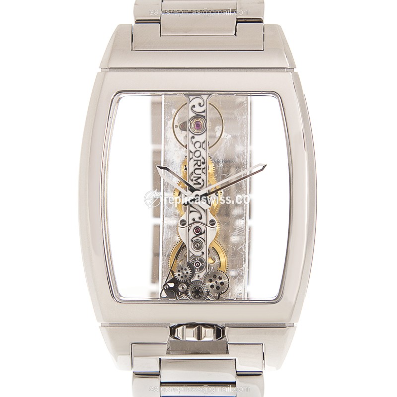 Corum Bridge Replica in 18kt Gold, Manual Wind Movement, Transparent Dial & Silver Clasp Watch