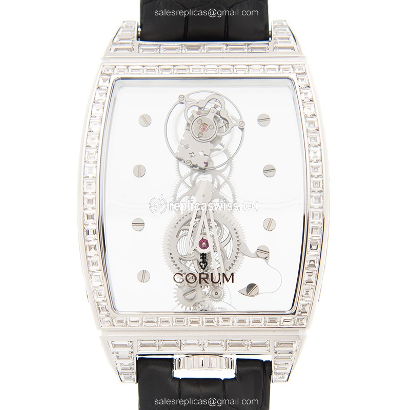 Corum Bridge Replica in 18kt White Gold, Manual Wind Movement, Skull Dial & Black Alligator Strap