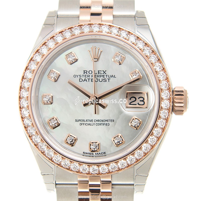 Elegant 18kt Rose Gold Rolex Lady Datejust Replica, Automatic Movement, White Dial & Steel Strap