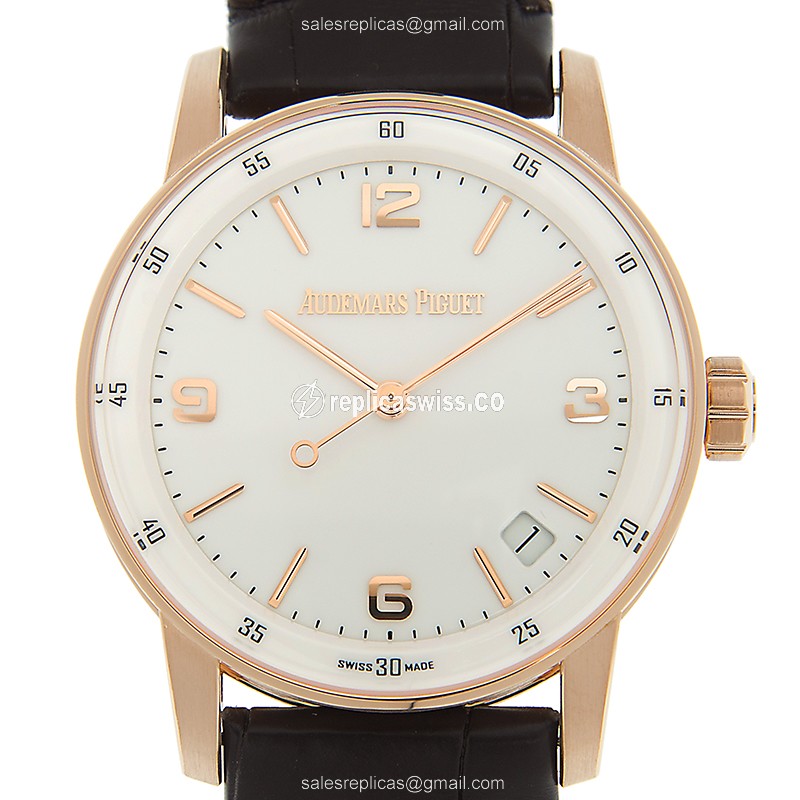 Elegant Audemars Piguet 11.59 Automatic Replica in 18kt Rose Gold, White Dial & Brown Leather Strap