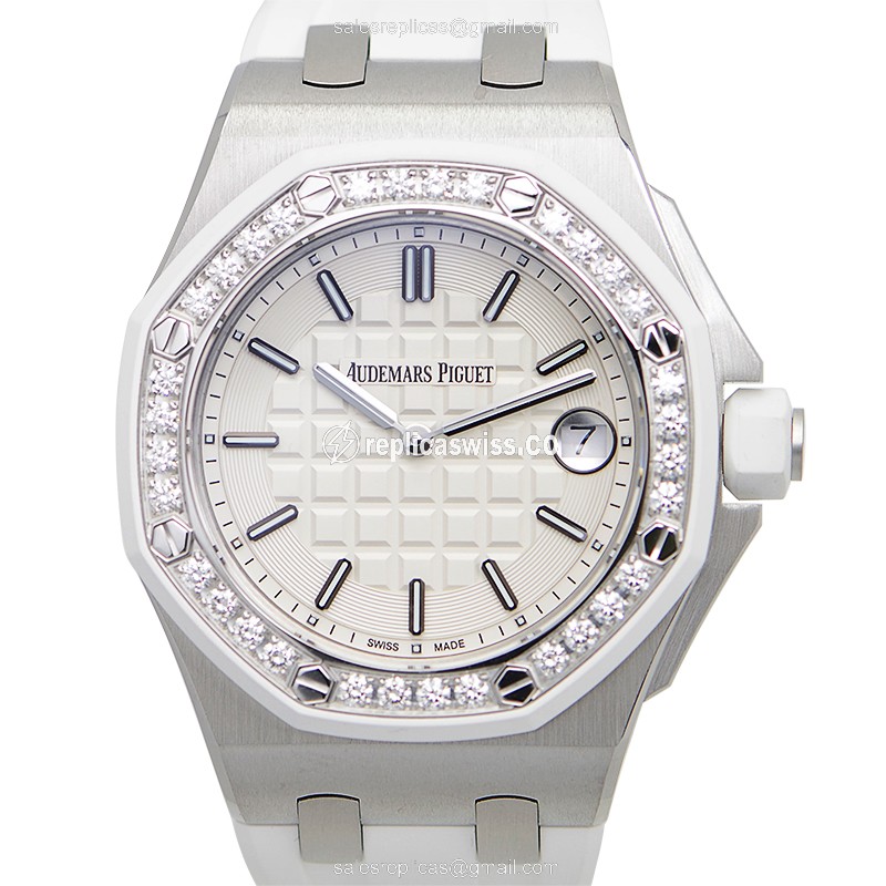 Elegant Audemars Piguet ROYAL OAK OFFSHORE Quartz Replica in Stainless Steel, White Dial & Diamond
