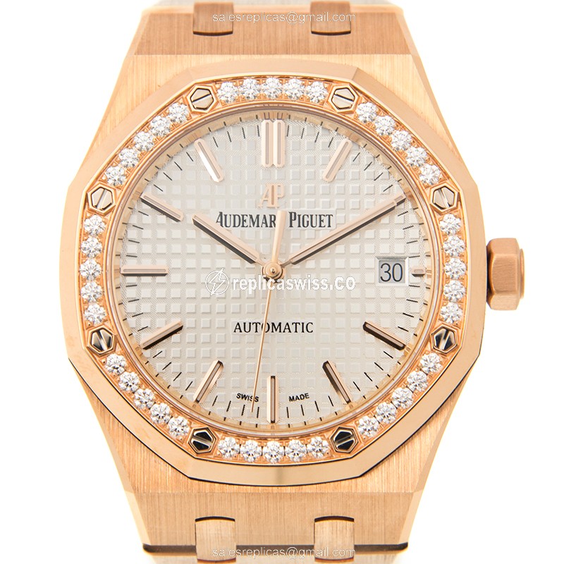 Elegant Audemars Piguet Royal Oak Replica in 18kt Gold Case & White Dial, Automatic Movement Watch