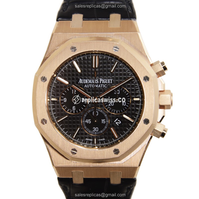 Elegant Audemars Piguet ROYAL OAK Replica in 18kt Rose Gold Automatic with Black Dial Alligator
