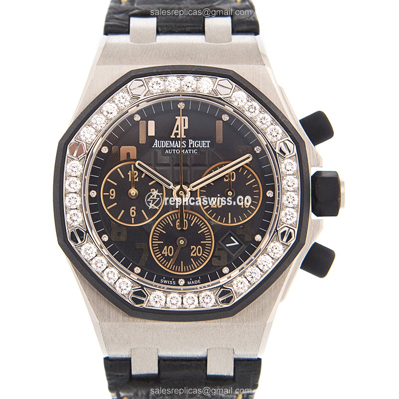 Elegant Audemars Piguet Royal Oak Replica in Stainless Steel & Black Diamond Accents, Automatic