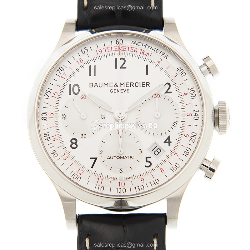 Elegant Baume & Mercier M0A10046 CAPELAND Replica Watch with White Dial & Alligator-Strap