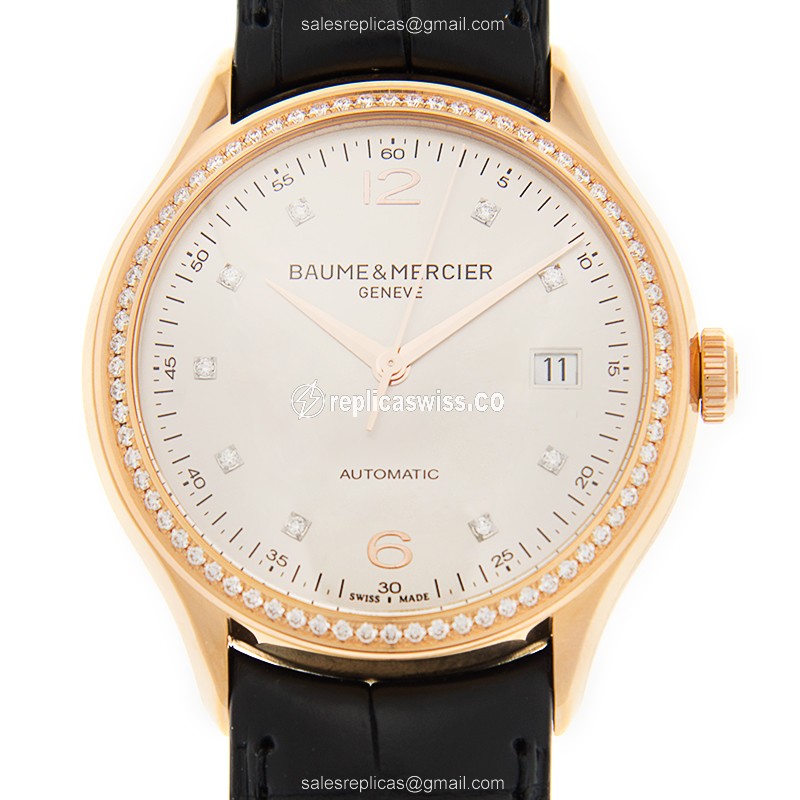 Elegant Baume & Mercier M0A10194 CLIFTON Replica, Automatic Movement, White Dial, 18kt Rose Gold