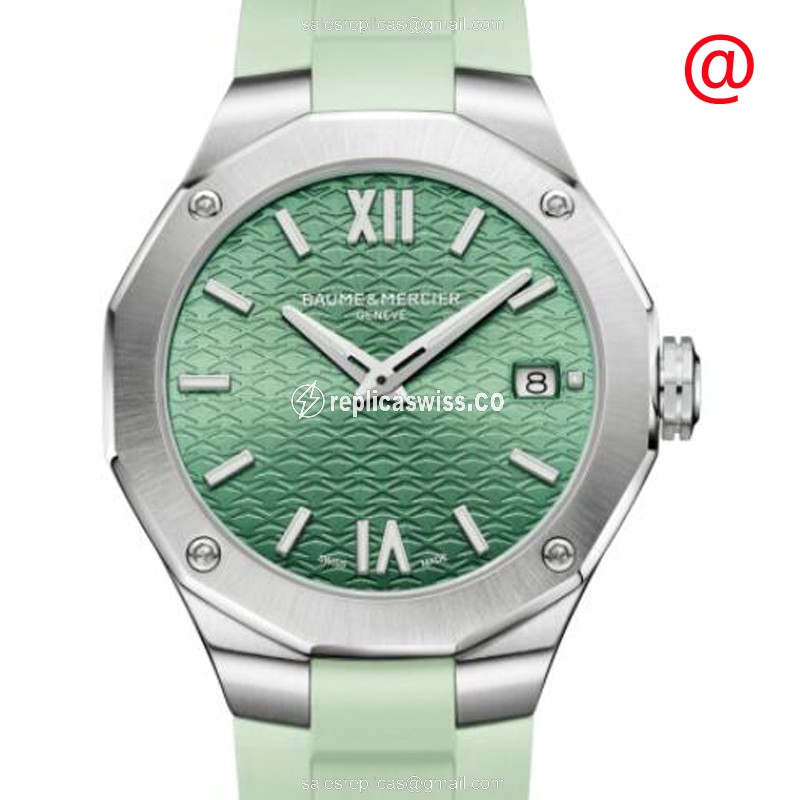 Elegant Baume & Mercier RIVIERA Replica, Green Dial, Quartz Movement & Rubber Strap Watch