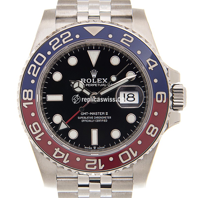 Elegant Black Dial GMT-MASTER II Automatic Rolex Replica in Premium Steel & Silver Straps Watch