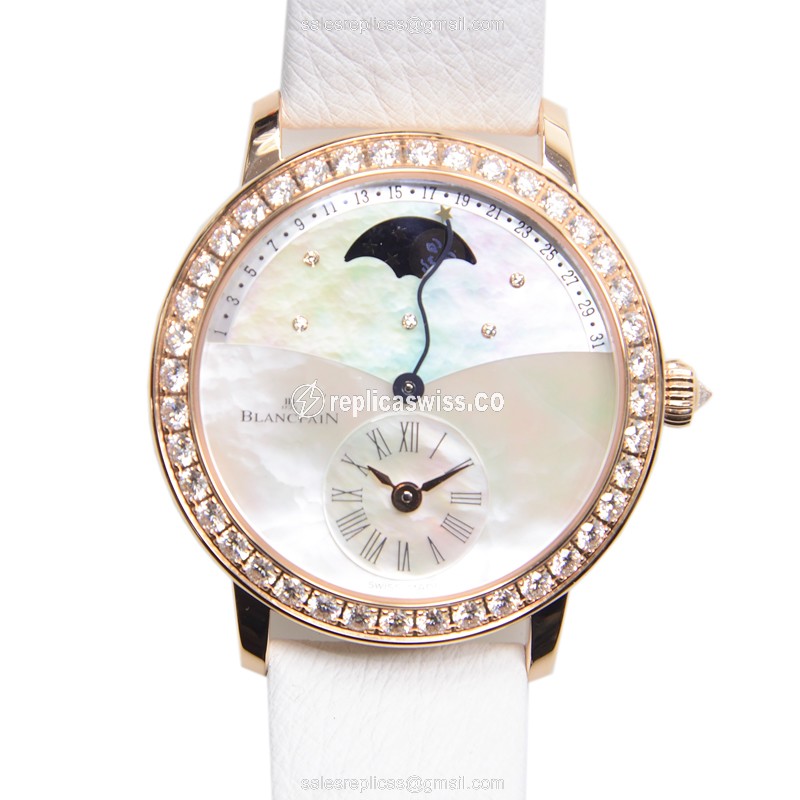 Elegant Blancpain 3653-2954-58B Replica in 18kt Rose Gold with White Dial Leather Strap Watch