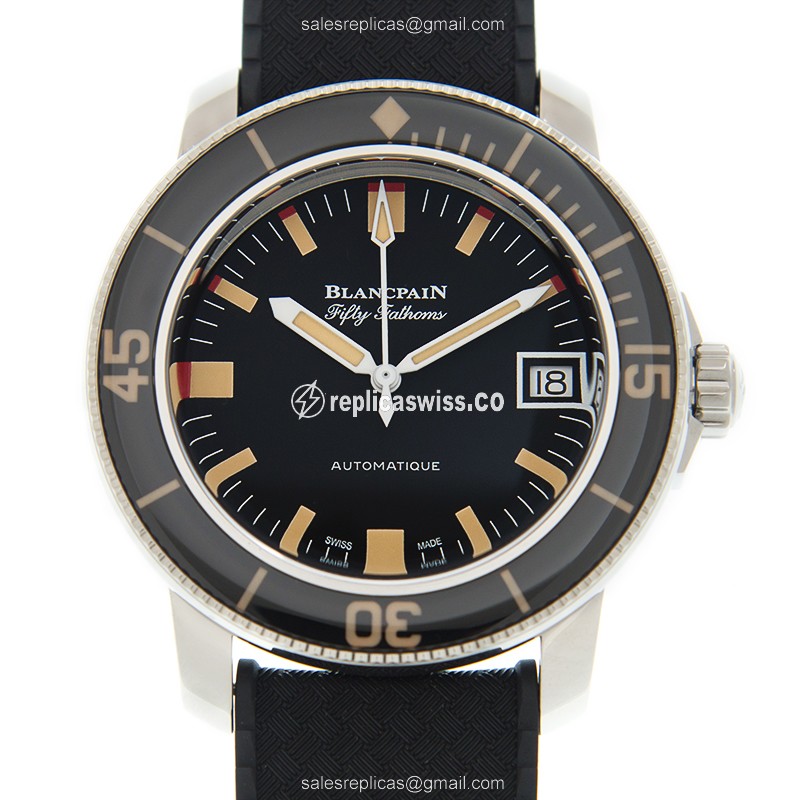 Elegant Blancpain 5008B-1130-B52A Fifty Fathoms Replica, Automatic Movement, Black Dial & Rubber
