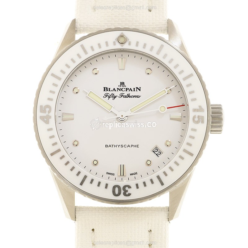 Elegant Blancpain 5100-1127 Fifty Fathoms Replica, Automatic White Dial on Canvas Strap Watch