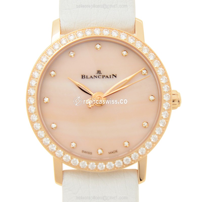 Elegant Blancpain 6102-2954C-95A Women's Replica Watch: Automatic Pink Dial on Leather, 18kt Rose