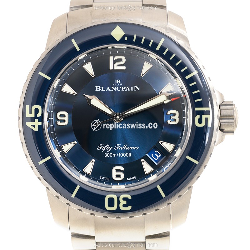 Elegant Blancpain Fifty Fathoms Replica in Titanium Case, Automatic Movement, Blue Dial Watch