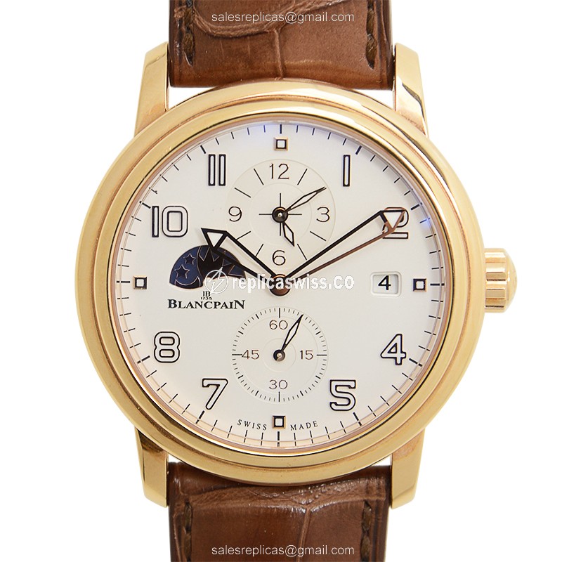 Elegant Blancpain LEMAN Replica in 18kt Rose Gold Automatic Movement, White Dial & Brown Alligator