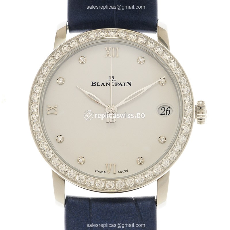 Elegant Blancpain Villere Automatic Watch | White Dial & Blue Alligator strap