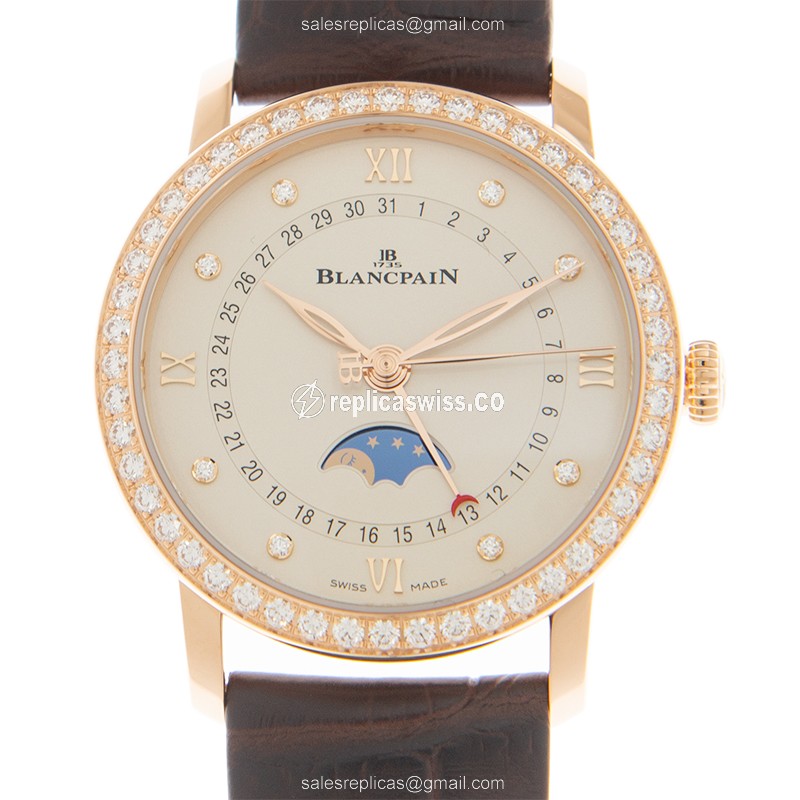 Elegant Blancpain Villeret Automatic Replica, 18kt Rose Gold Case, Beige Dial, Alligator Strap Watch