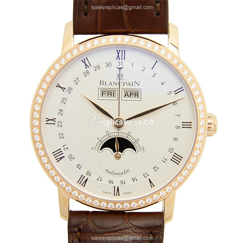 Elegant Blancpain Villeret Automatic Replica, 18kt Rose Gold Case & White Dial, Brown Alligator