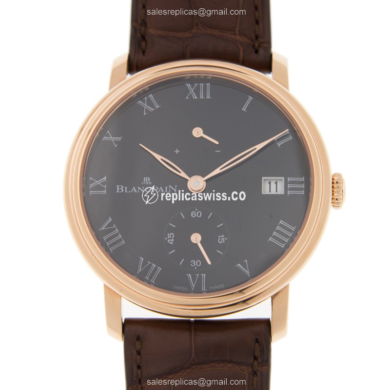 Elegant Blancpain Villeret Replica, Manual Wind, 18kt Rose Gold Case, Black Dial, Alligator Brown