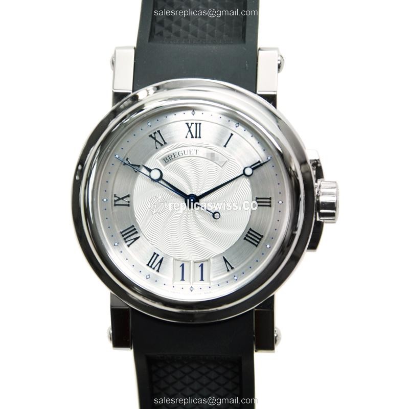 Elegant Breguet 5817ST/12 Marine Replica Watch, Automatic Movement, Silver Dial, Black Rubber Strap