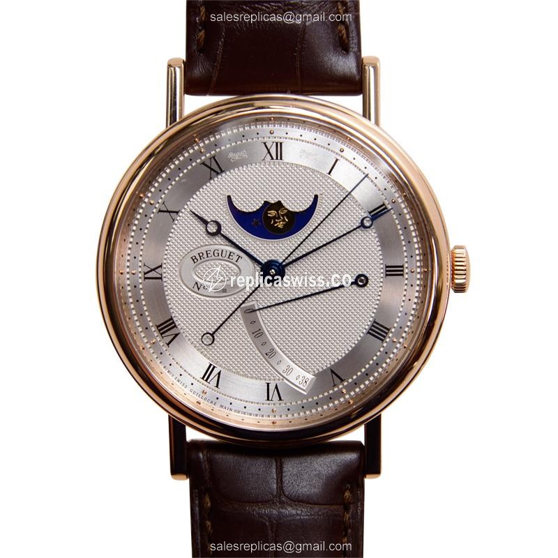 Elegant Breguet 7787 Classic Replica in 18kt Rose Gold Automatic, Silver Dial, Alligator Brown