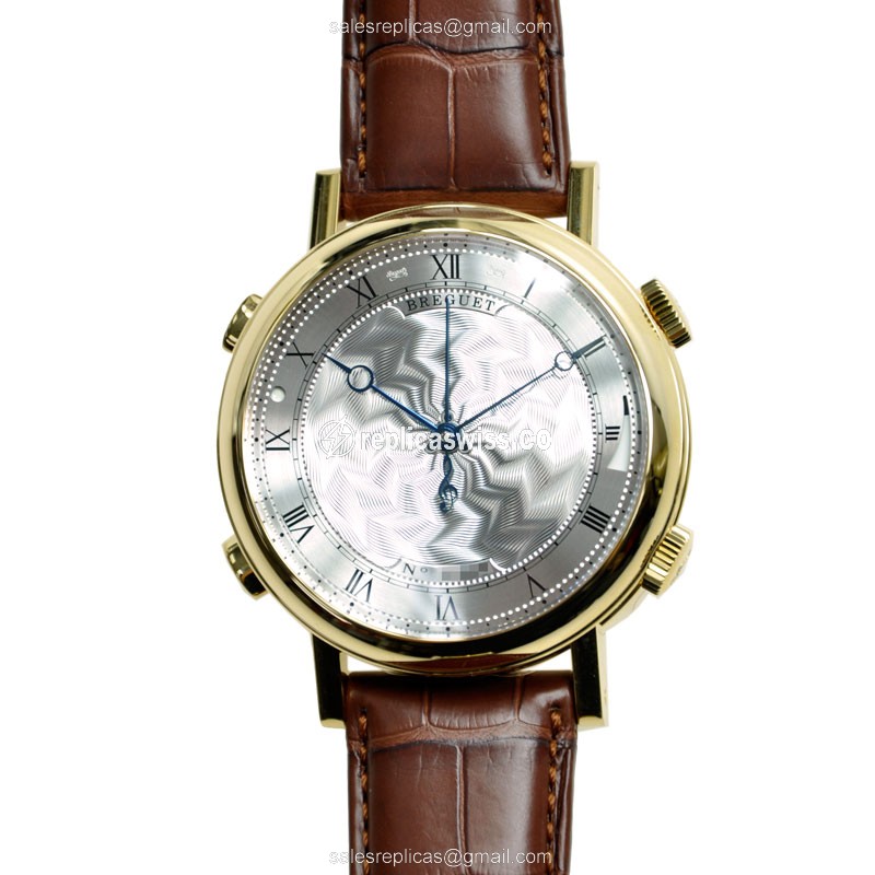 Elegant Breguet 7800BA/11/9YV Classic Automatic Watch in 18kt Gold, Silver Dial & Brown Alligator