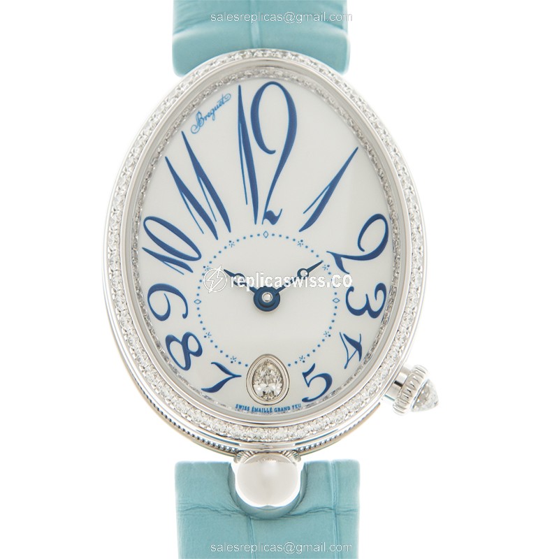 Elegant Breguet Reine De Naples Replica, Automatic Movement, 18kt White Gold Case & Alligator Blue