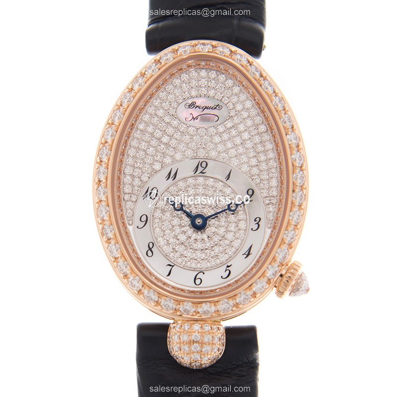 Elegant Breguet Reine De Naples Replica in Rose Gold, Automatic Movement & Silver Dial on Leather