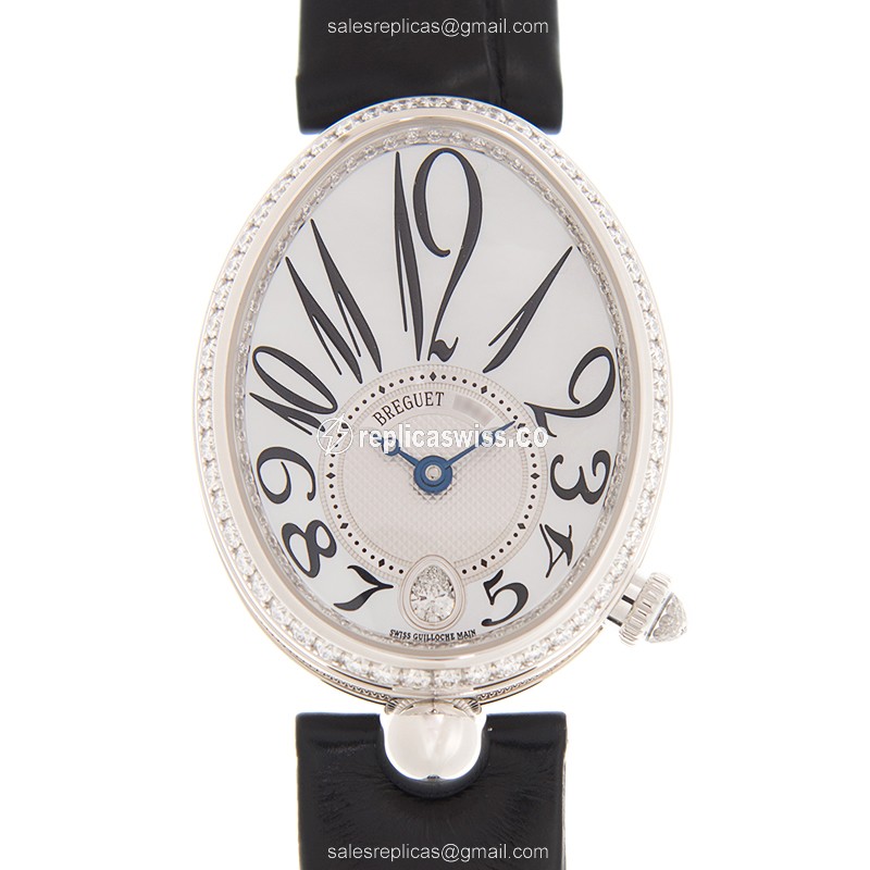 Elegant Breguet Reine De Naples Replica in White Gold, Automatic Movement, Alligator Strap Watch