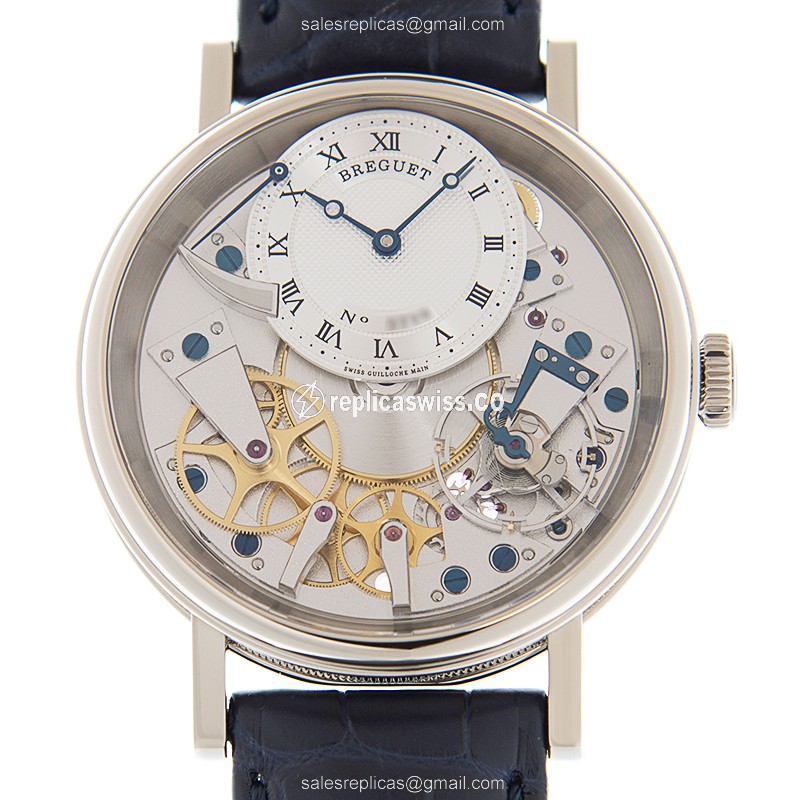Elegant Breguet Tradition 7057BB/11/9W6 Replica in 18kt Gold, Manual Wind, Silver Dial, Alligator