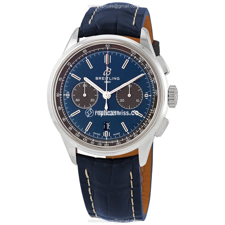 Elegant Breitling AB0118A61C1P2 Premier Automatic Steel Watch with Blue Dial & Alligator Strap