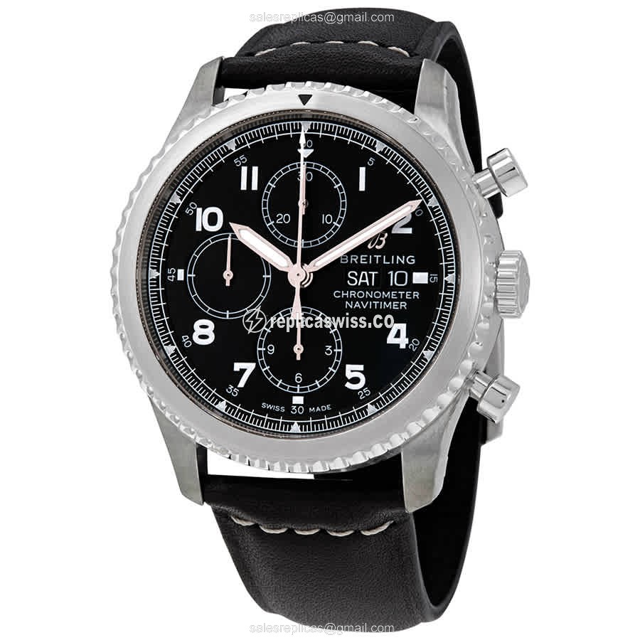 Elegant Breitling AVIATOR 8 Replica in Stainless Steel, Automatic Movement, Black Dial & Leather