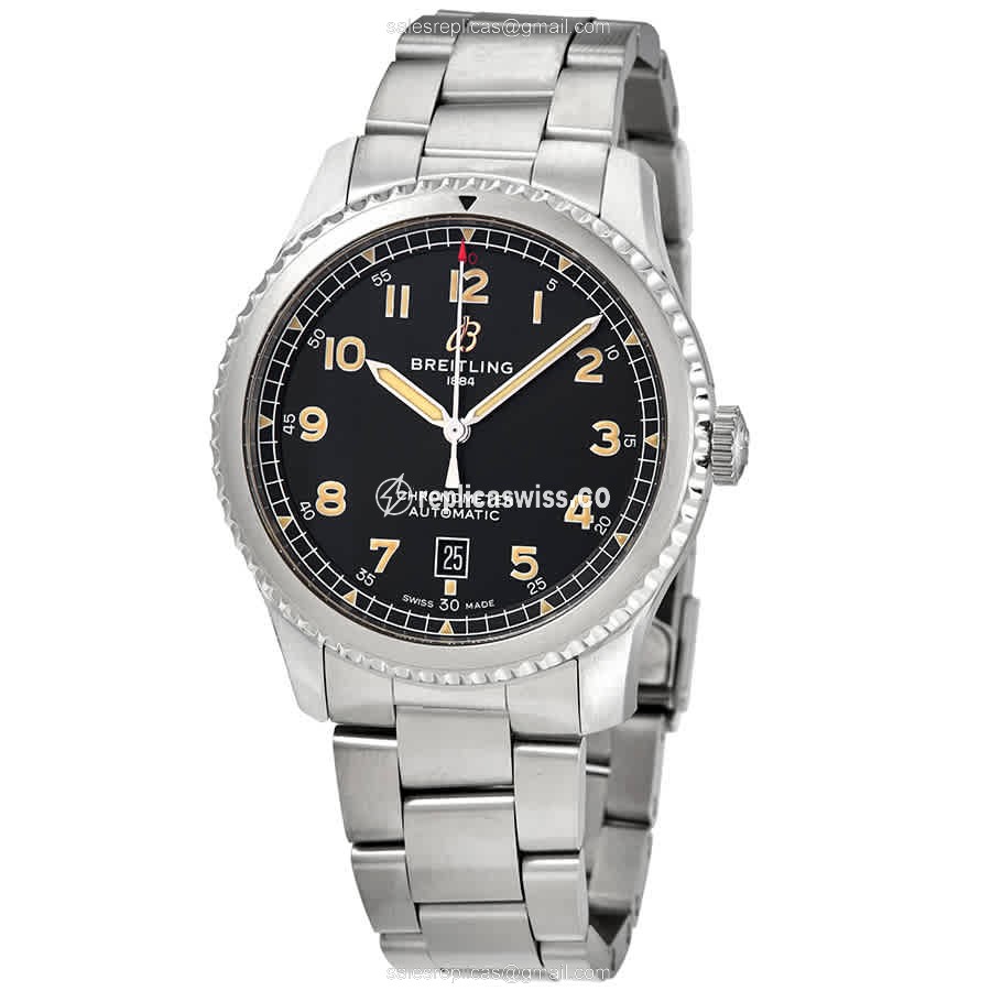 Elegant Breitling Aviator 8 Replica in Stainless Steel Case & Black Dial, Automatic Movement Watch