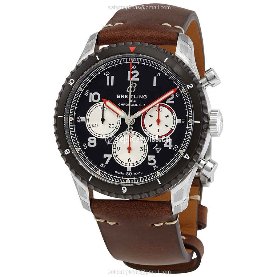 Elegant Breitling AVIATOR 8 Replica with Black Dial Automatic Movement, Steel Case & Brown