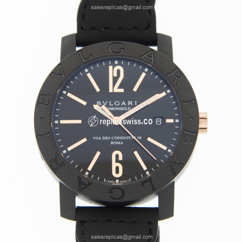 Elegant Bulgari 102632 BBP40BCGLD/N Automatic Carbon Fiber Watch | Black Dial & Leather Strap
