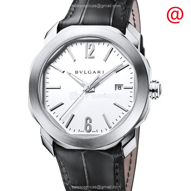 Elegant Bulgari 102779 OCTO ROMA Automatic Replica with White Dial & Genuine Leather Strap Watch