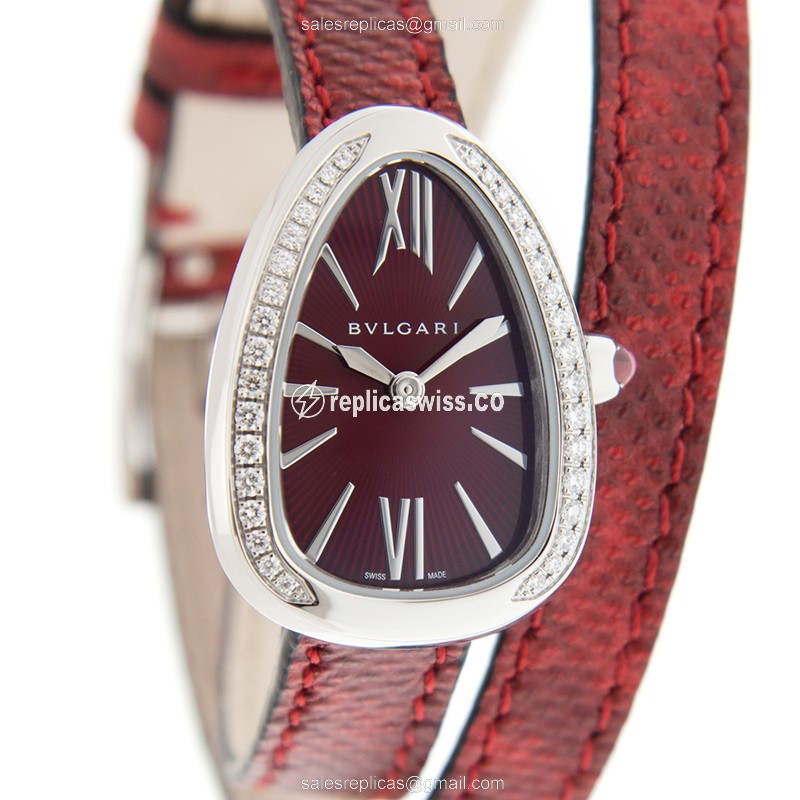 Elegant Bulgari 102780 SERPENTI Quartz Replica, Red Dial & Buckle Clasp, Red Leather Strap Watch