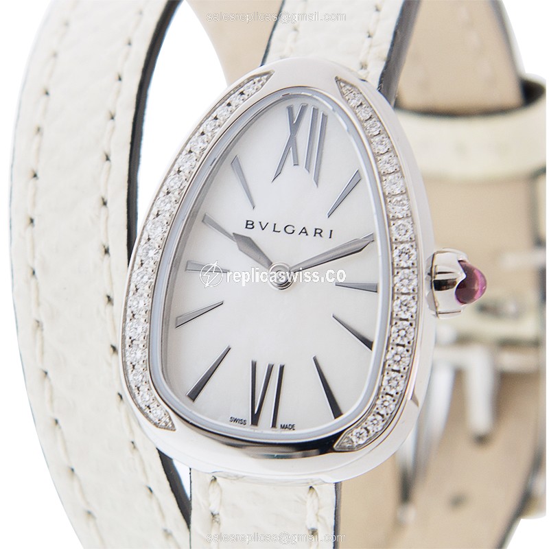 Elegant Bulgari Serpenti 102781 Replica, White Quartz Dial & Diamond Accents, Stainless Steel Case