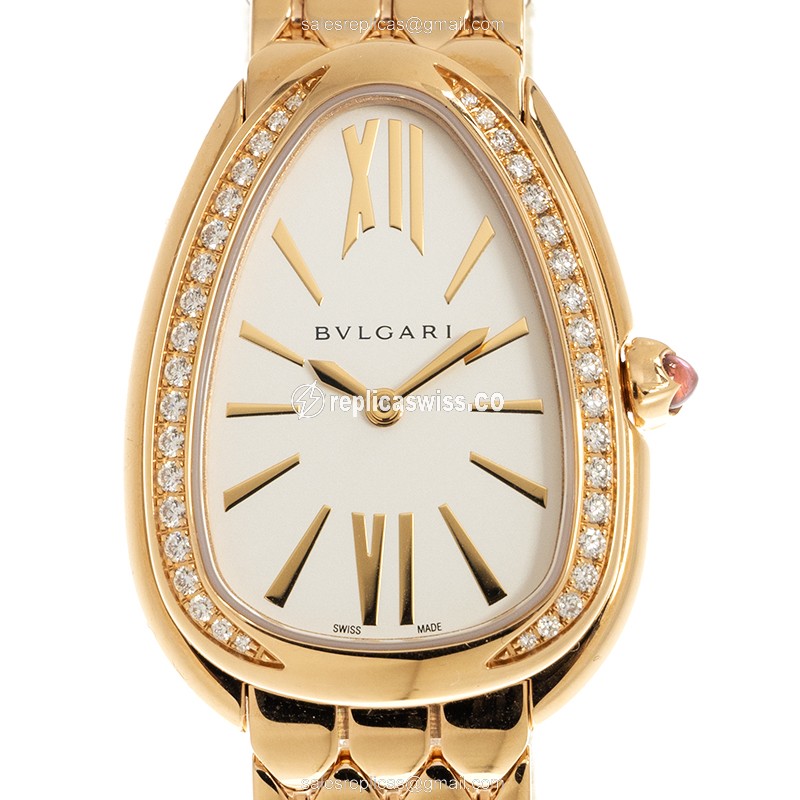 Elegant Bulgari Serpenti Seduttori Quartz Replica in 18kt Gold, White Dial & Crystal Bezel Watch