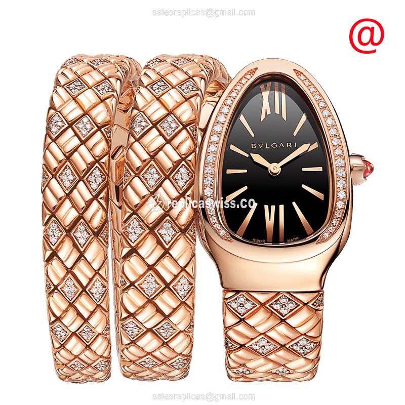 Elegant Bulgari Serpenti SPIGA Replica, 18kt Gold Case & Diamond Bezel, Black Dial Watch