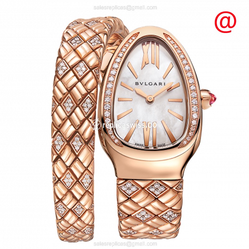 Elegant Bulgari Serpenti Spiga Replica in 18kt Rose Gold with White Dial & Diamond Clasp Watch