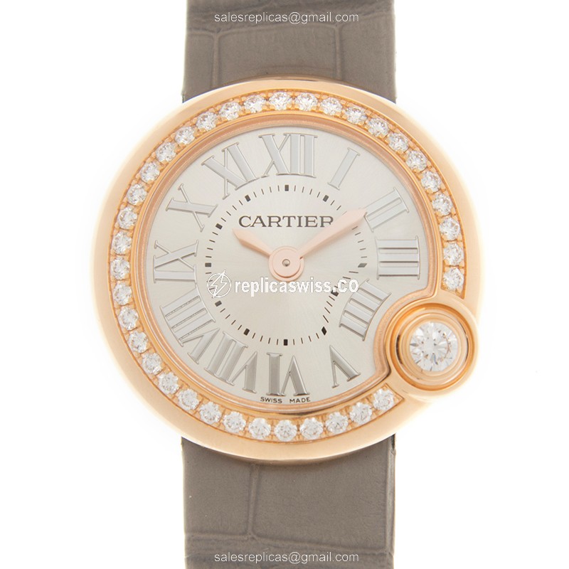 Elegant Cartier Ballon Blanc De Cartier Quartz Replica in 18kt Rose Gold, Silver Dial & Alligator