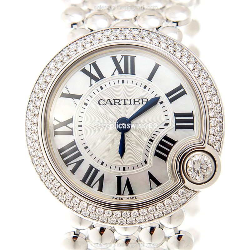 Elegant Cartier Ballon Bleu Quartz Replica, 18kt White Gold Case, Silver Dial & Clasp Watch